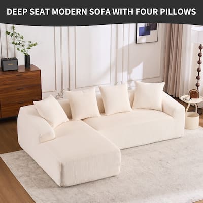 Chaise 3-Seater Sofa, Plush Corduroy, 4 Pillows, Compact