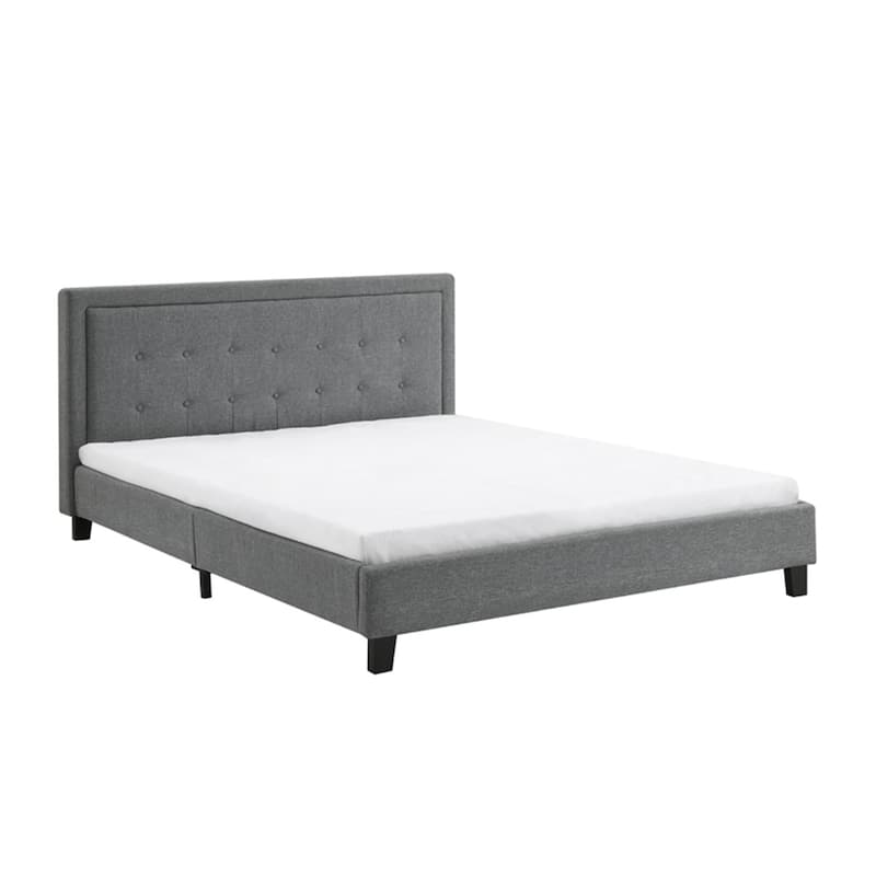 Button Tufted Woven Mid Century Bed Frame with Headboard, Wood Slat Support, No Box Spring Needed, Platform Bed Frame
