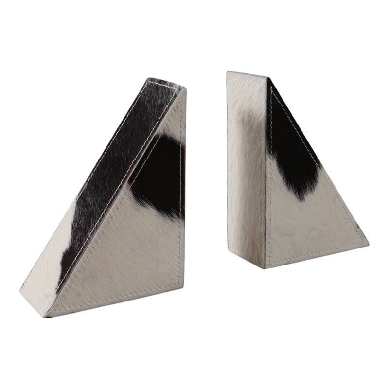 Leather Wood Bookends Cowhide Pattern Triangular (Set of 2) - 7" Ivory - 5.5" x 2.75" x 7"