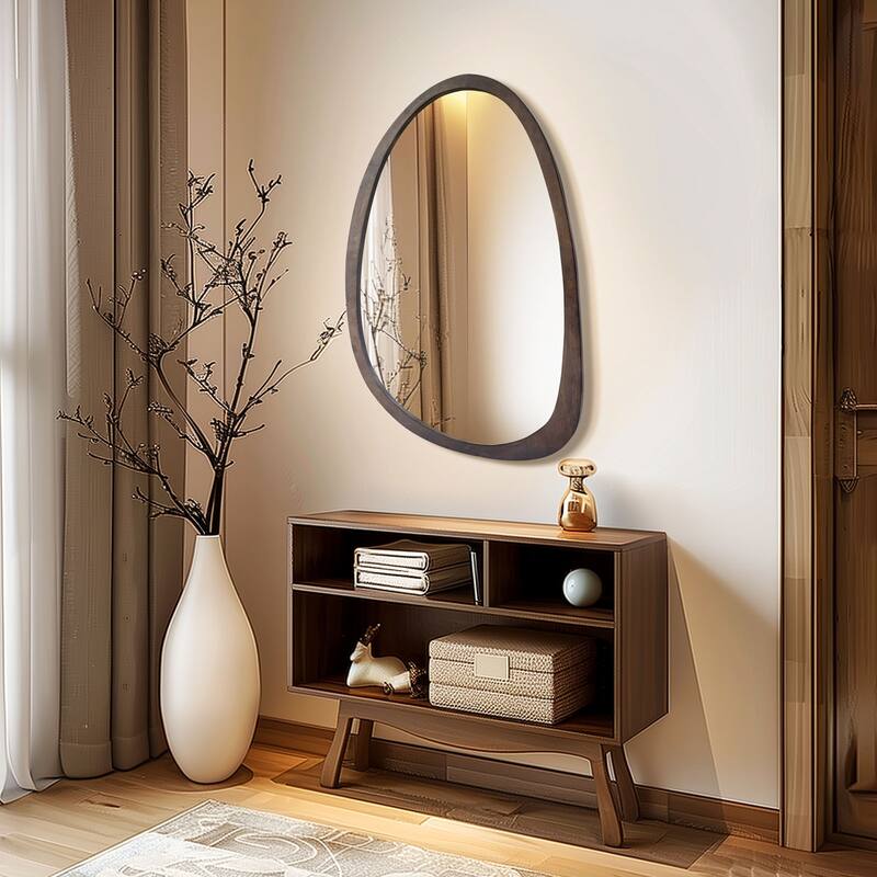 Retro Black Wooden Framed Wall Mirror Abstract Assymetrical Decor