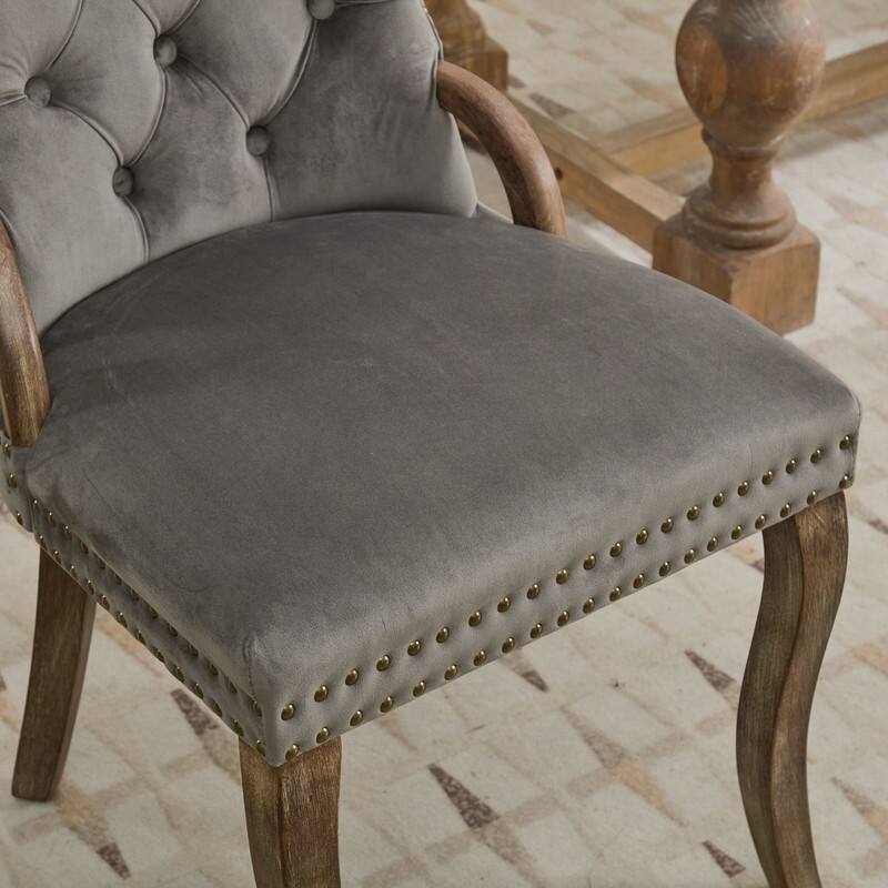 Velvet Dining Chairs with Tufted Trim & Copper Nail Accents - Set of 2