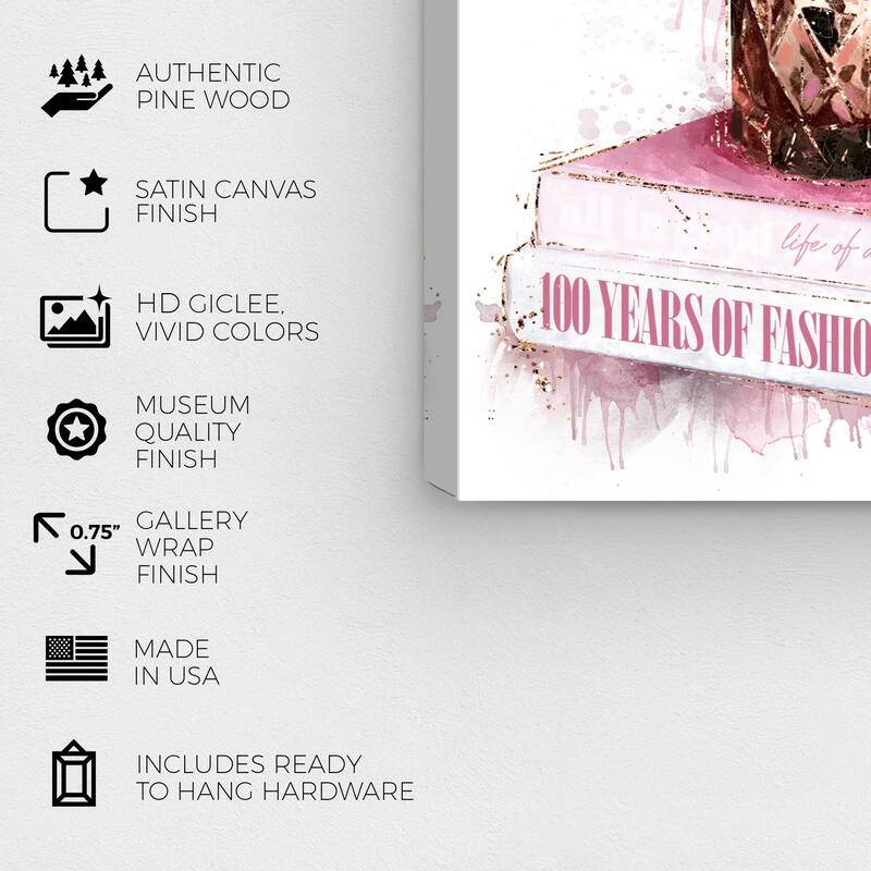 Wynwood Studio Canvas Fashion and Glam Fashionista Book Stack Pink and Glam Wall Art Canvas Print