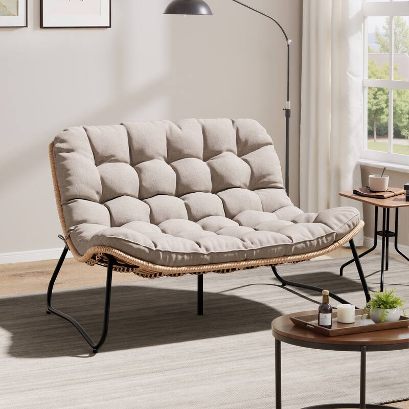 Double Papasan Chair Loveseat Oversized PE Rattan Chair with Cushion - Beige