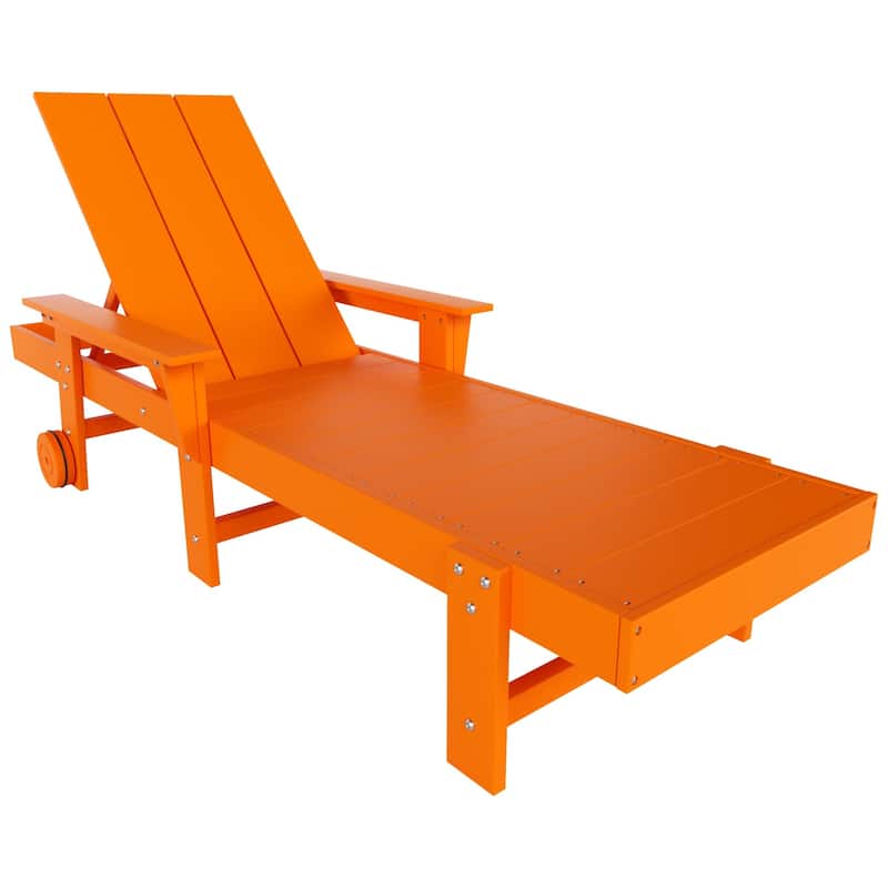 Shoreside Modern Poly Reclining Eco-Friendly All Weather Chaise Lounge With Arms & Wheels - Orange