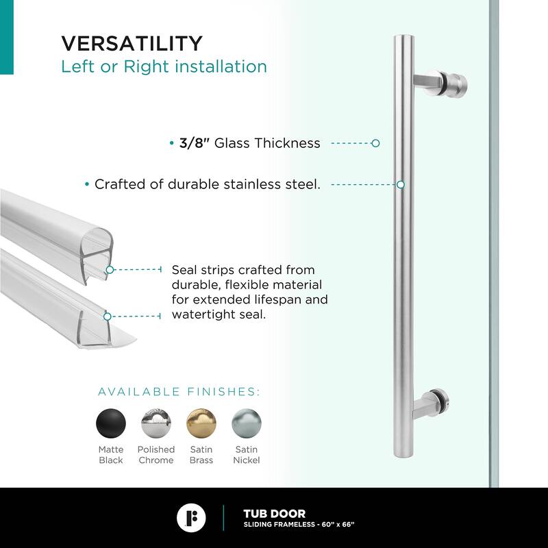 Fine Fixtures Tub Door Sliding Frameless Tempered Glass