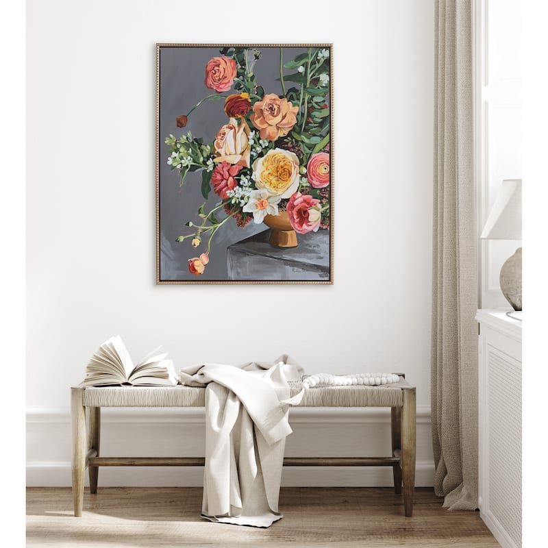 Kate and Laurel Sylvie Beaded Floral Emergence Framed Canvas by Mackenzie Nelson