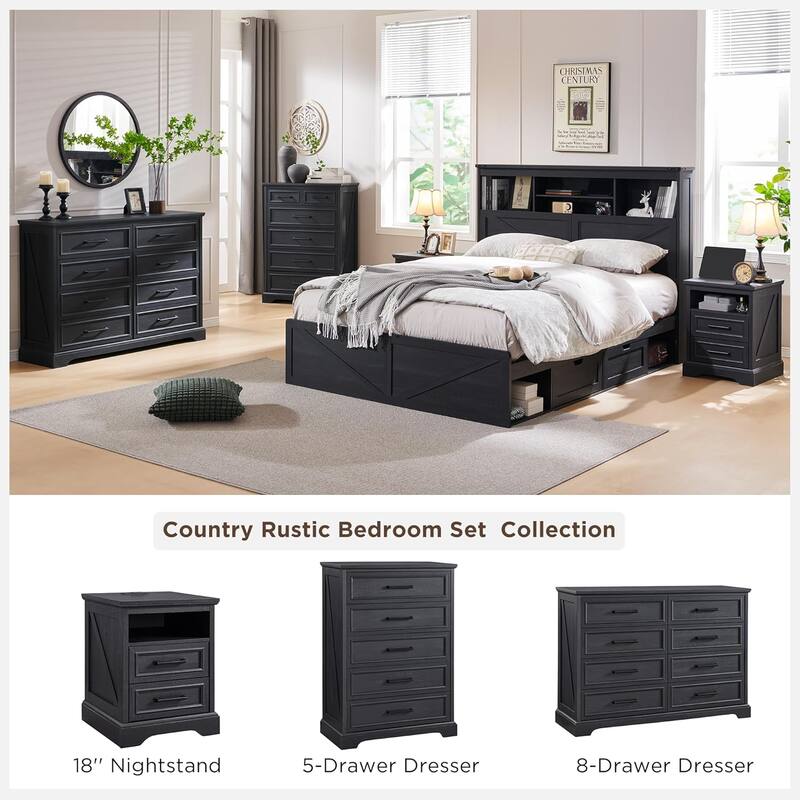 Farmhouse Nightstand with Charging Station, End Table with 2 Drawers
