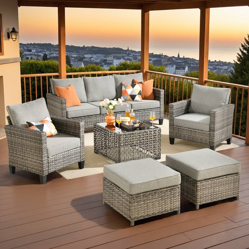 OVIOS 6 Pieces Outdoor Wicker Sectional Set With Solar-Powered Table - DarkGrey