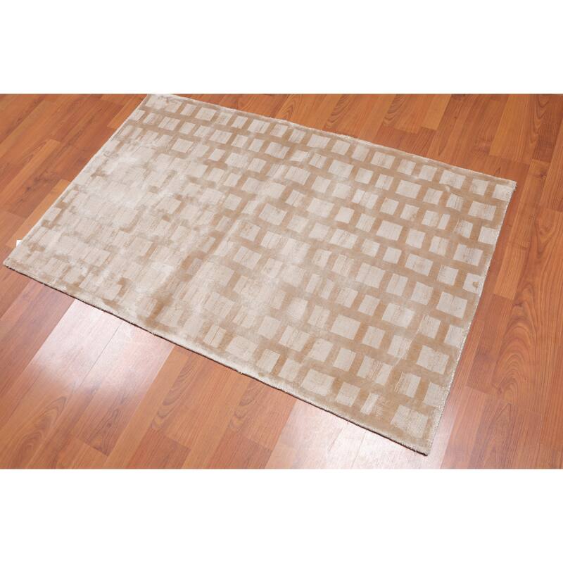 Hand Made Tan, Loop N Cut Pile Area Rug Viscose Modern & Contemporary