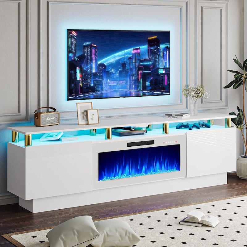 BOSSIN 80" TV Stand Entertainment Center with 36" Electric Fireplace, for TVs up to 90", High Gloss Cabinet with LED Light - New-White-Gold