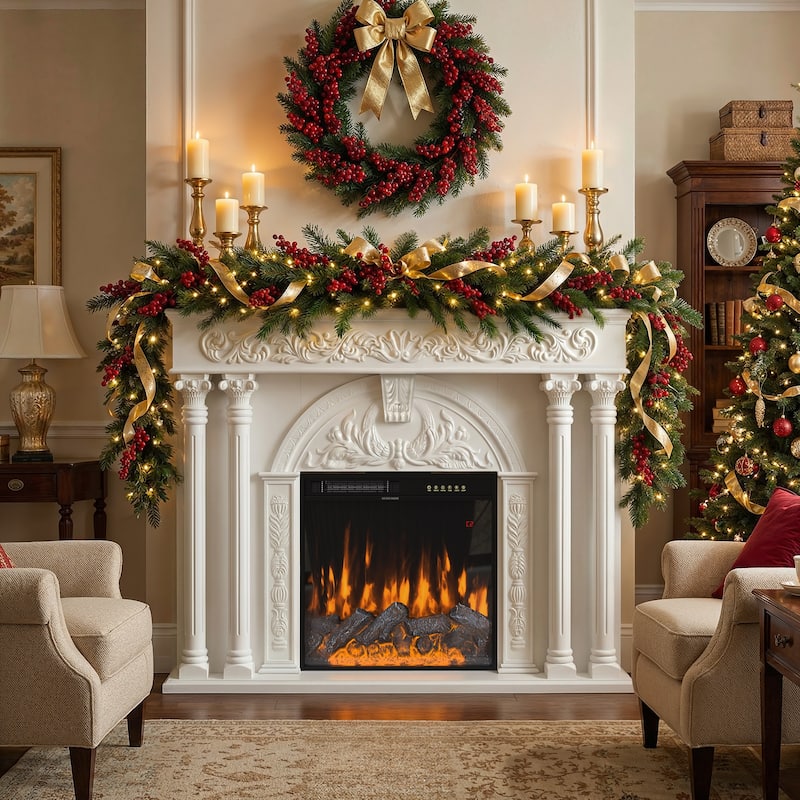 Solid Wood Electric Fireplace TV Stand with 12-Color LED Flame, White Wood Cabinet with Roman Columns, 1500W Heater