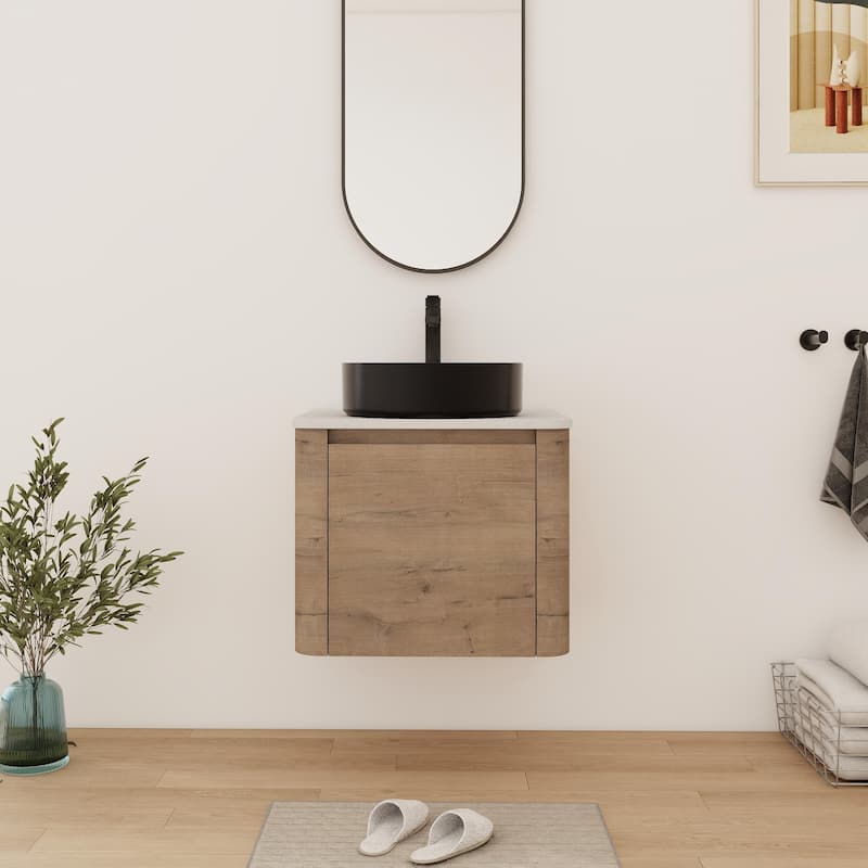 Bathroom Vanity With Sink In 24/30 Inch, Floating Bathroom Vanity With Soft Close Door - 23.6''W×18.6''D×24.4''H - Imitative Oak-Matt Black Sink