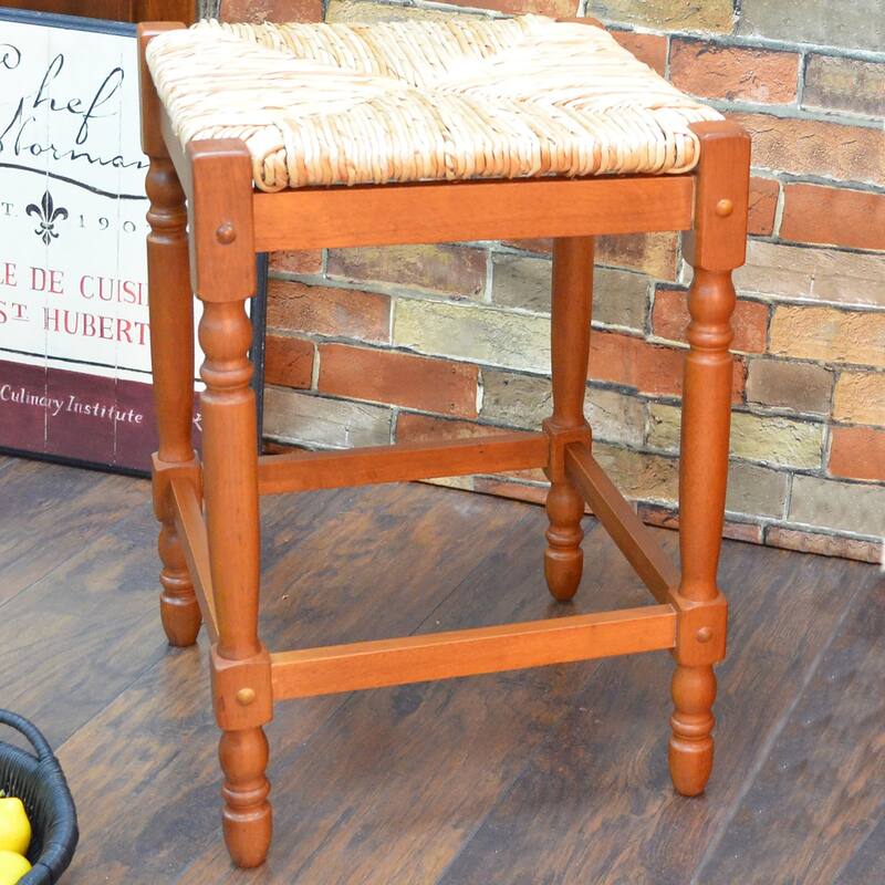 24" Walnut Brown and Beige Counter Stool with Hand Woven Rush Seat