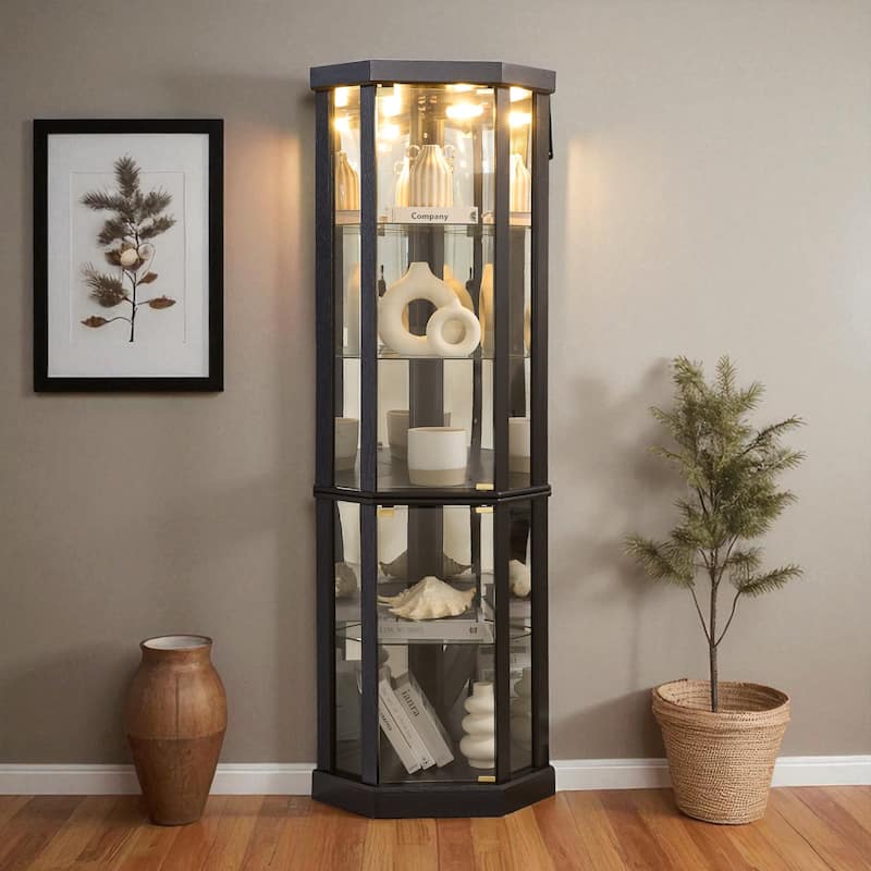 Lighted Corner Curio Cabinet with Glass Doors, Adjustable Shelves & Mirrored Back, Elegant Display Case for Wine