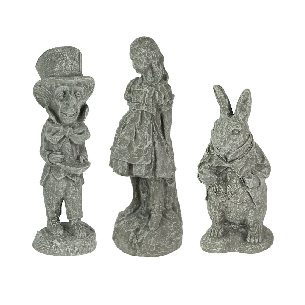 Alice In Wonderland White & Mad Hatter Cement Statue (Set Of 3) - 19.75 X 6 X 7 inches