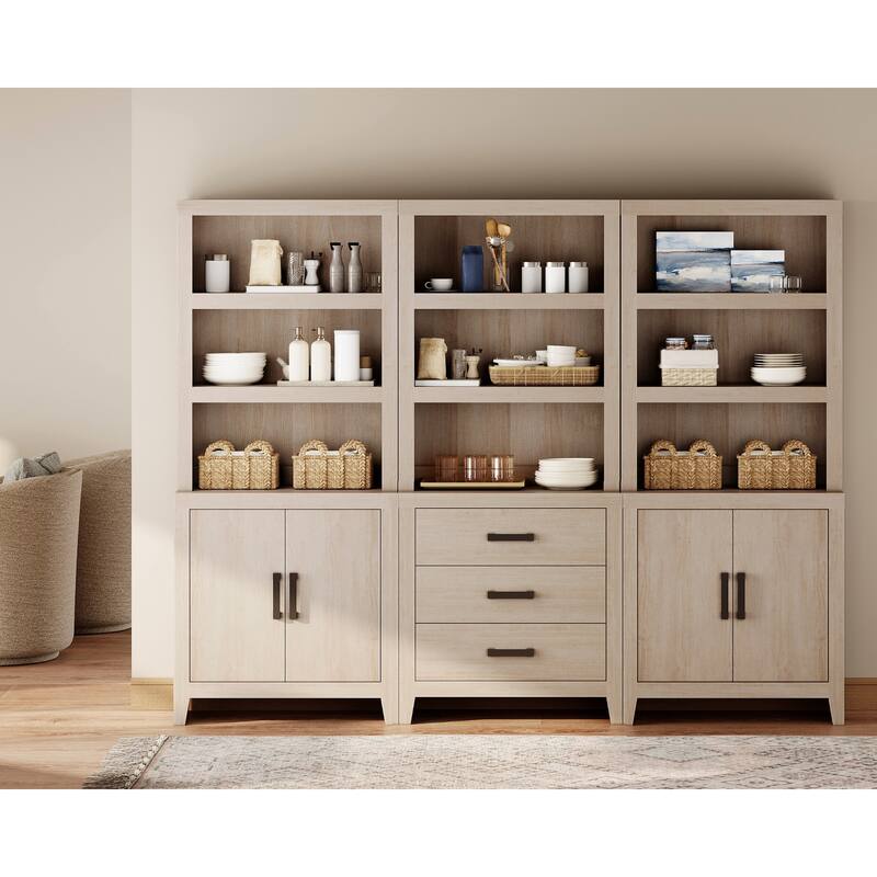 WAMPAT 74" 3-Piece Tall Bookshelf, Farmhouse Bookcase with Doors & Drawers for Living Room & Office