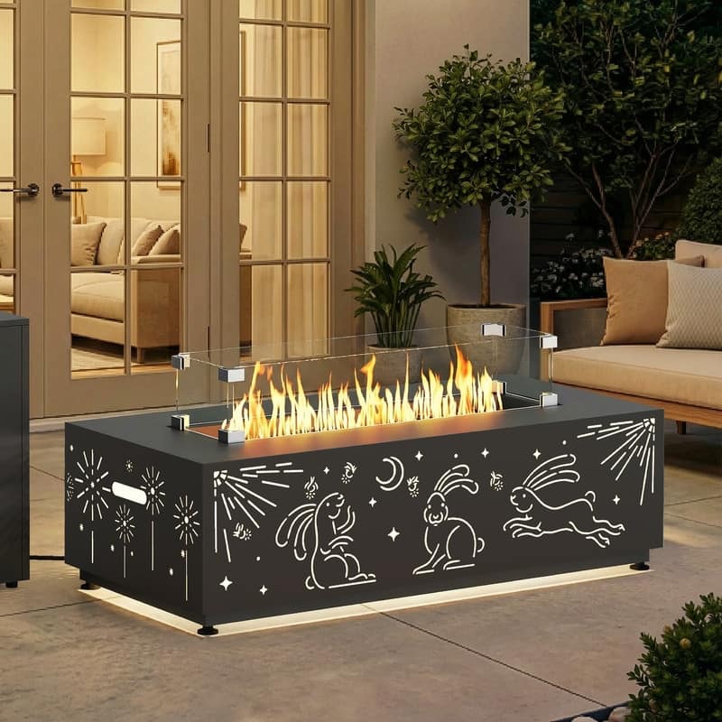 Outdoor 50,000 BTU Rectangular Steel Fire Pit Table with Hidden Tank, Convertible to Natural Gas - Bunny
