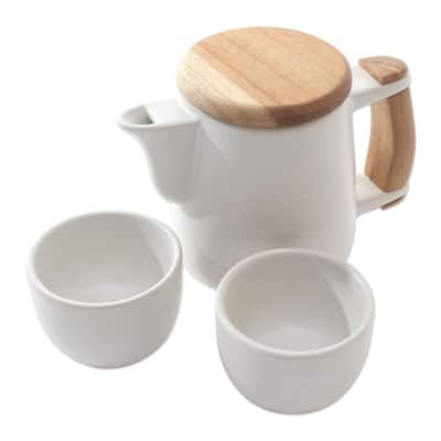 Novica Handmade Midday Tea In White Ceramic And Teak Wood Tea Set (Set For 2)