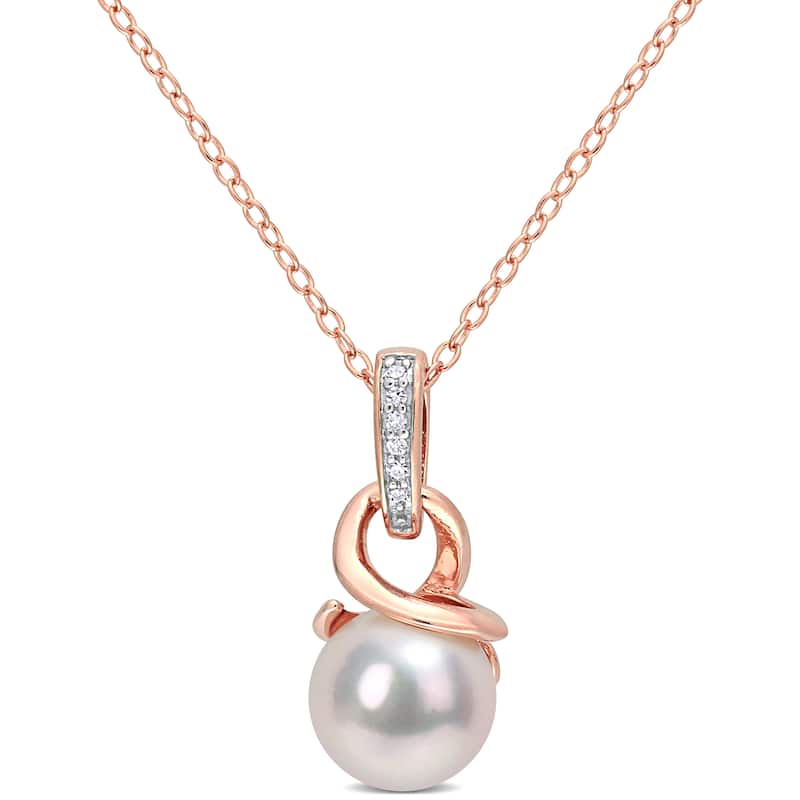 Miadora 0.03 ct Diamond TW 8-8.5mm White Japanese Akoya Cultured Pearl Fashion Necklace Pink Silver GH I2;I3