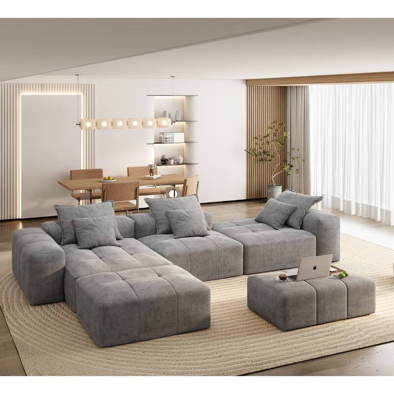 Modern Oversized Chenille Modular Sectional Sofa Tufted Sofa with 6 Pillows and Ottoman for Living Room - Grey