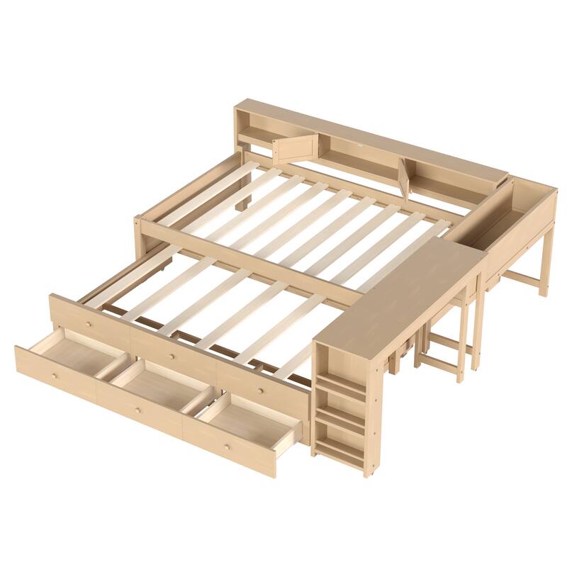 Full/Twin Daybed with Trundle & Storage Drawers - Wood Frame with Side Shelves and Desk