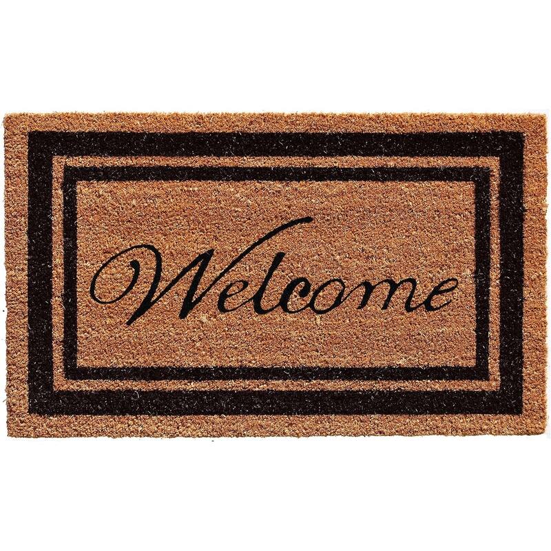 HomeRoots 18" X 30" Natural And Black Striped Border Welcome Outdoor Coir Door Mat - 18' X '30