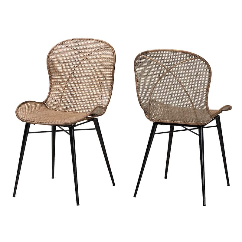 Sabelle Modern Bohemian Natural Brown Finished Teak Wood and Light Blue Rattan 2-Piece Dining Chair Set - Greywashed, Black