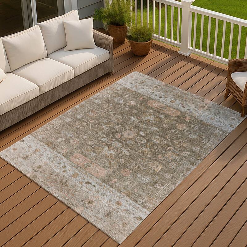 Machine Washable Indoor/ Outdoor Traditional Border Chantille Rug - Brown - 3' x 5'