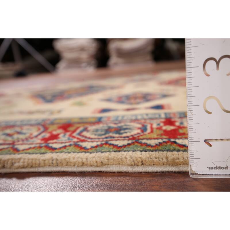 Geometric Kazak Accent Rug Hand-Knotted Beige Wool Carpet - 3'3" x 5'1"