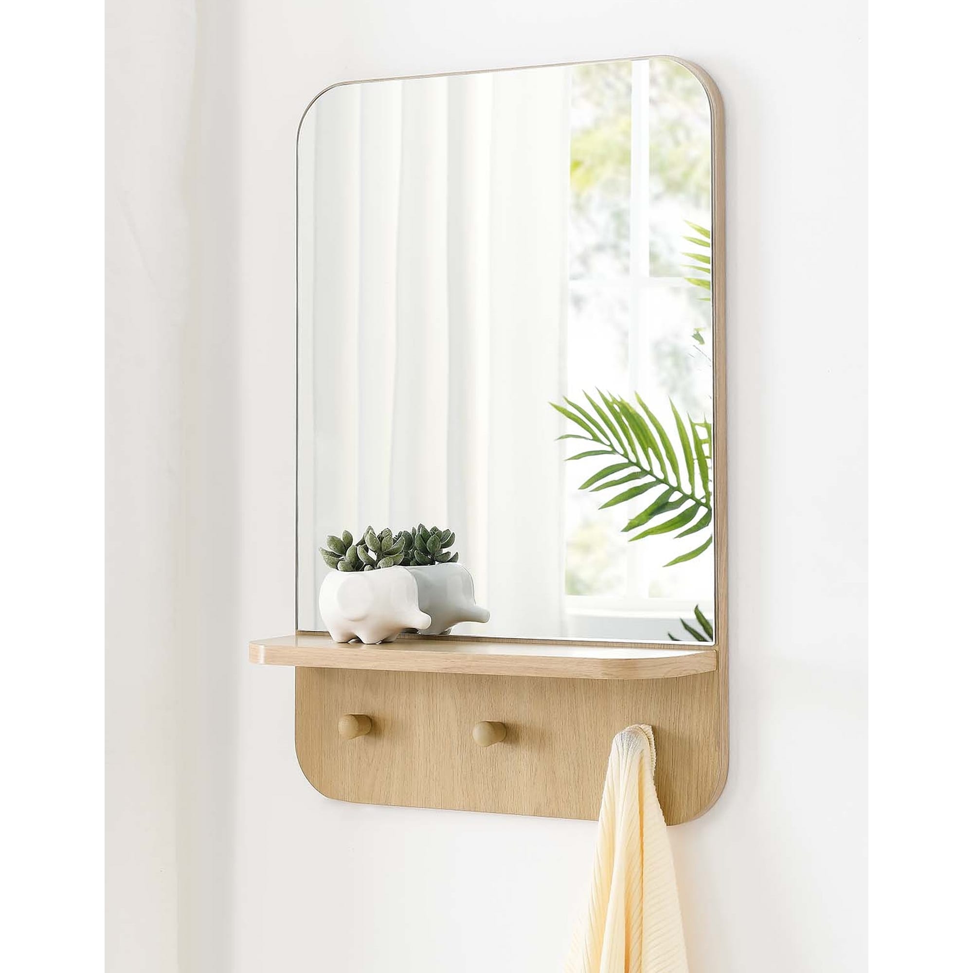 Hollow Modern Oak Wall Mirror with Shelf and Hooks