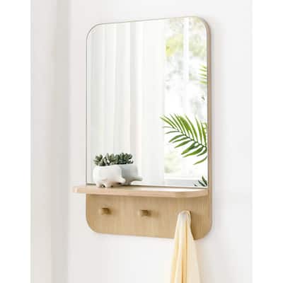 Hollow Modern Oak Wall Mirror with Shelf and Hooks