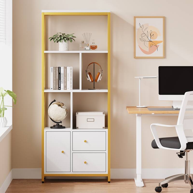 Gold Bookshelf with Drawers Modern Bookcase Storage Rack