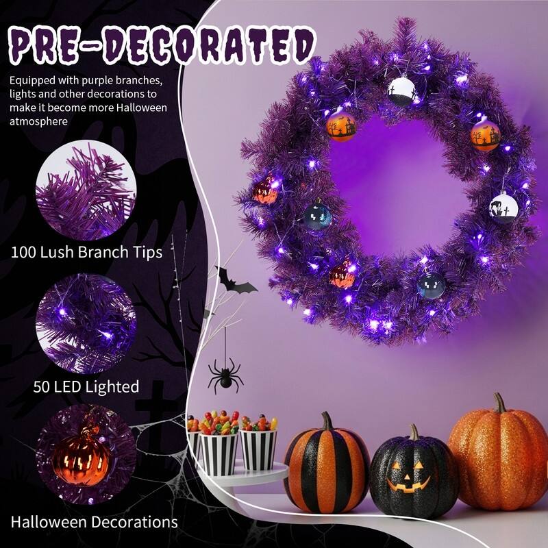 24in Pre-lit Halloween-Themed Christmas Wreath, Lighted Artificial Wreath with Lights and Ornaments, for Xmas Party Decorations