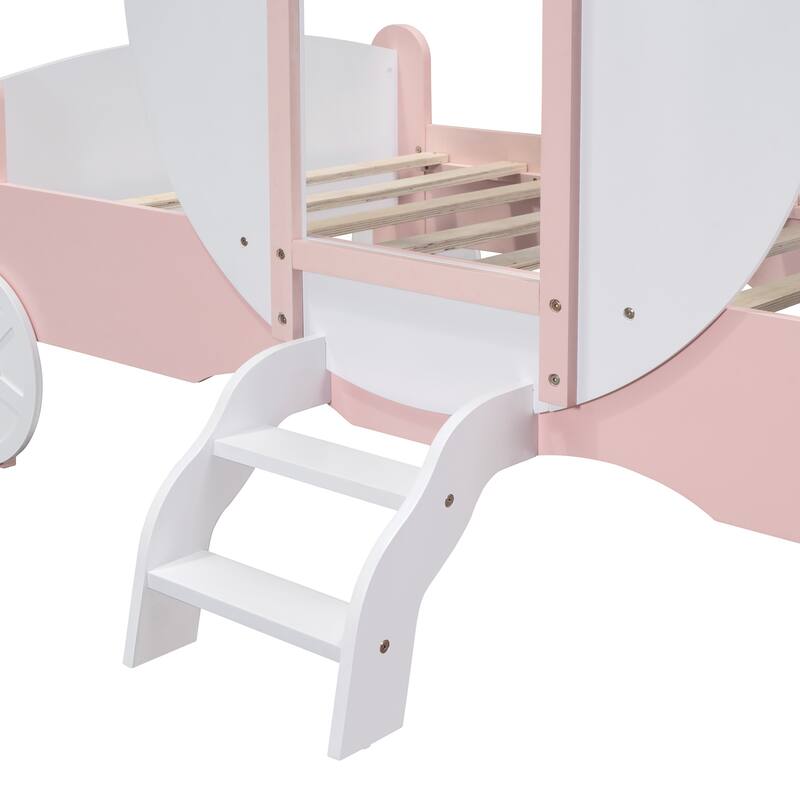 Twin Princess Carriage Bed with Crown Design, Wood Platform Bed with Stairs