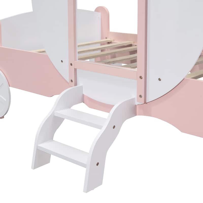 Twin Size Princess Carriage Bed with Crown, Wood Platform Bed with Stairs, White and Pink