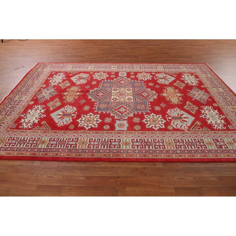 Oriental Red Geometric Kazak Area Rug Hand-Knotted Wool Carpet - 6'5" x 9'8"