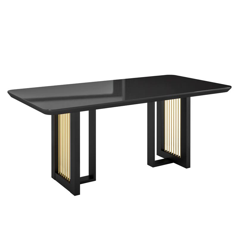 6 Seater Dining Table with Tempered Glass Top and Gold Accents Modern Design - Black