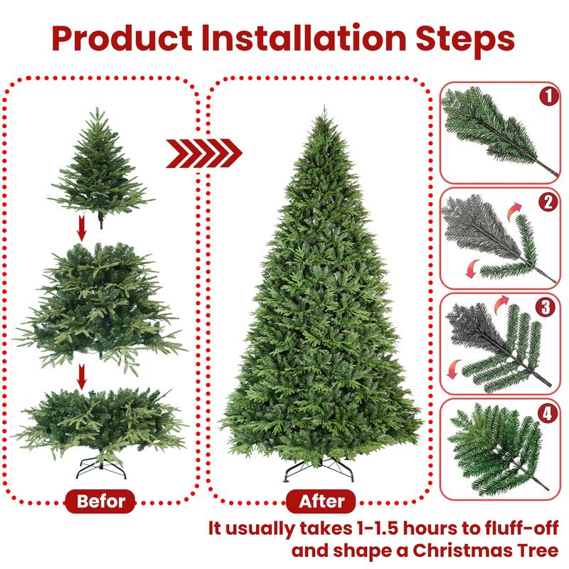 Premium Hinged Artificial Pine Tree - PE+PVC Needles, Easy Fluffing, Metal Stand, Indoor/Outdoor - Green