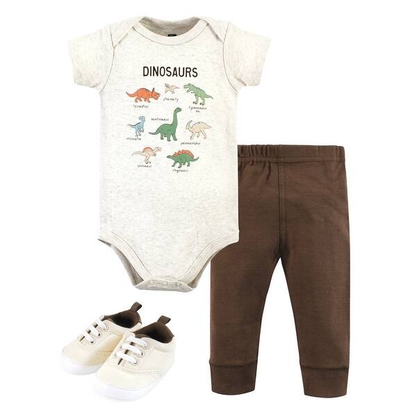 slide 1 of 1, Hudson Baby Infant Boy Cotton Bodysuit, Pant and Shoe Set, Dinosaur Adventures 0-3 Months - Dinosaur Adventures Short Sleeve