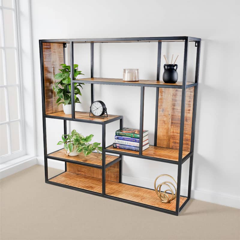 48" Wide 5-Tier Industrial Wall Bookshelf Solid Mango Wood