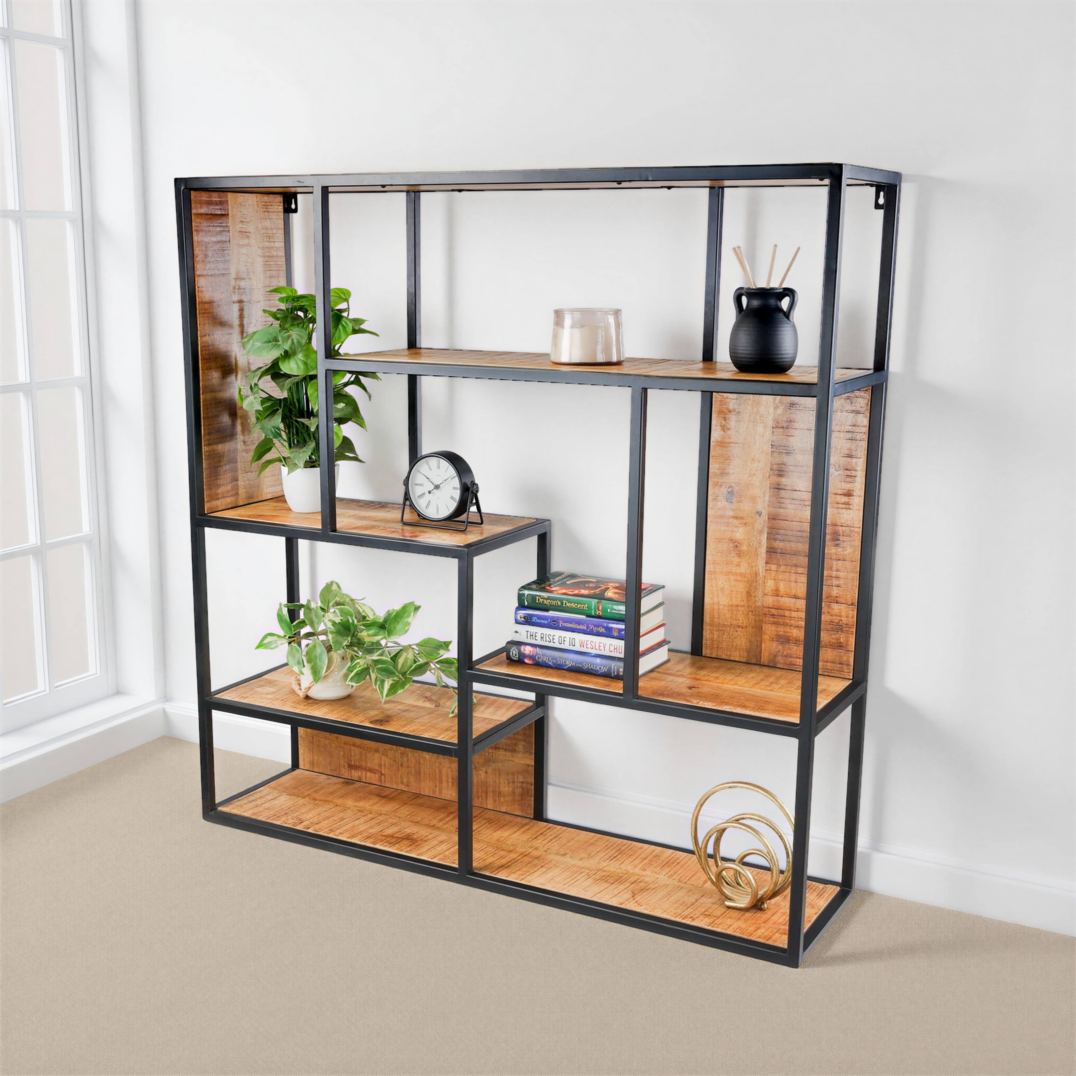 48" Wide 5-Tier Industrial Wall Bookshelf Solid Mango Wood
