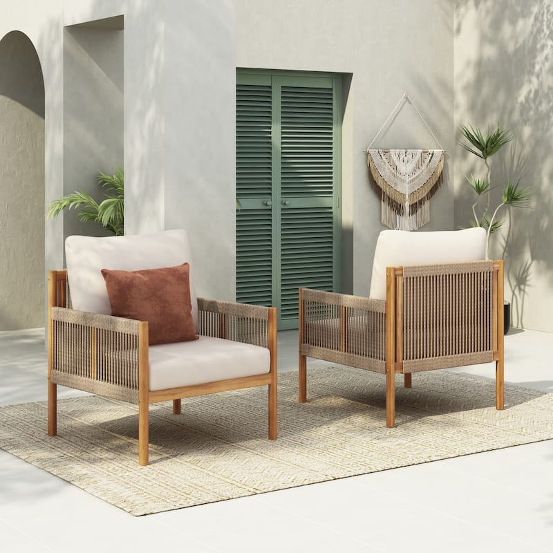 [Set of 2] Modern Outdoor Woven Lounge Chair with Solid Wood Frame and Comfortable Polyester Cushions, for Garden or Balcony