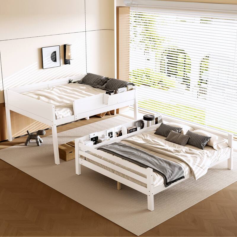 Wood Bunk Bed with Storage Shelves and Bookshelf, Ladder & Guardrails, Detachable Design