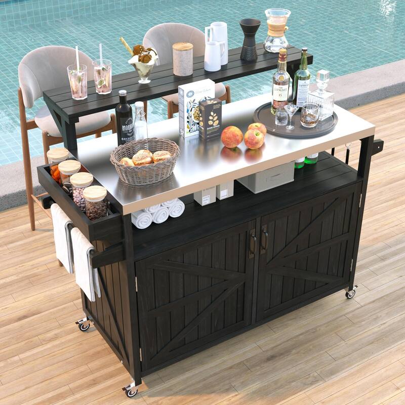 Outdoor Kitchen Island with Stainless Steel Top, 53 inch Solid Wood Storage Cabinet, Rolling Grill Cart with Adjustable Shelf