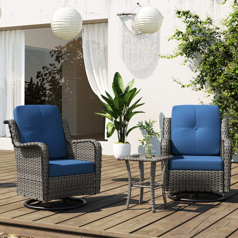 3 Pieces Patio Bistro Set with Rattan Rocking Chair Side Table - Royal Blue 3Piece