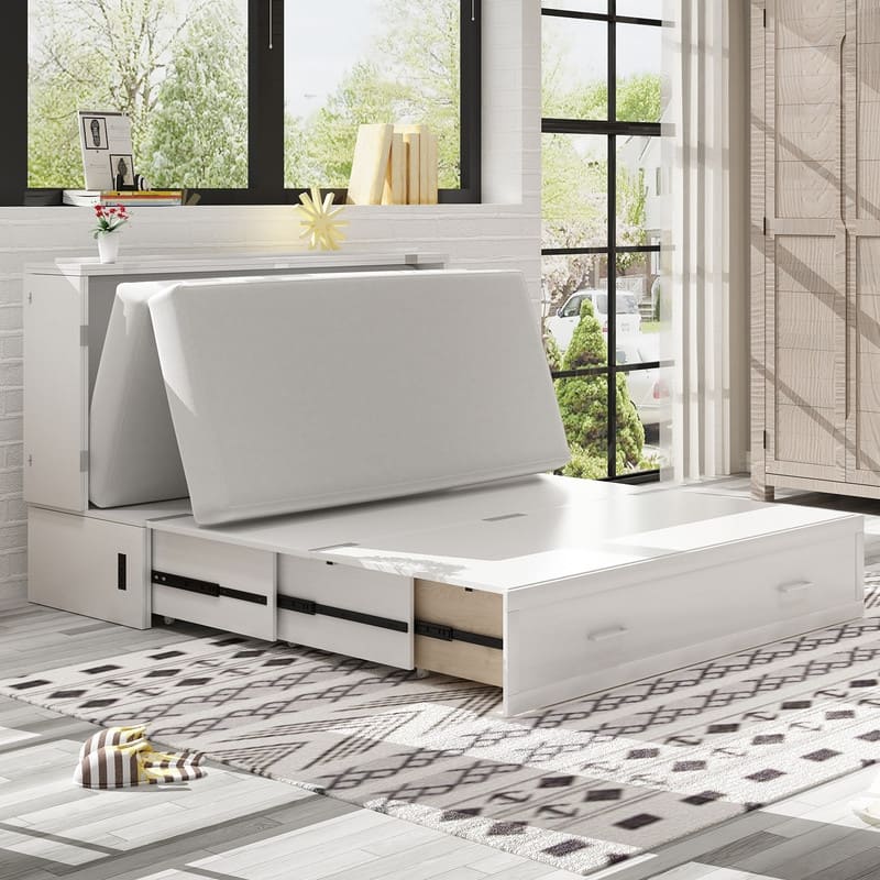 Mixoy Murphy Bed Cabinet Bed Chest with Mattress & Drawer