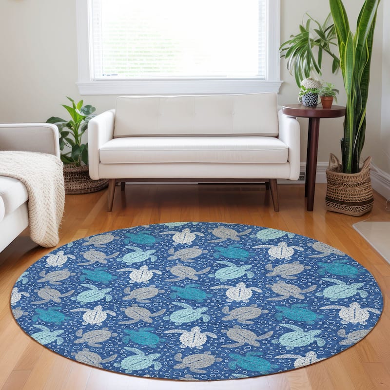 Premium Washable Super Soft Coastal Turtles Mayfield Rug - Blue - 8' x 8' - Round