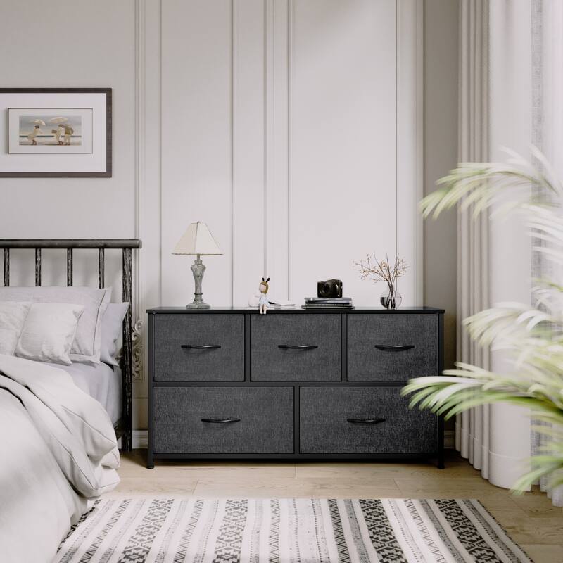 Modern Wide Dresser Storage Tower with 5 Drawers - Black Grey