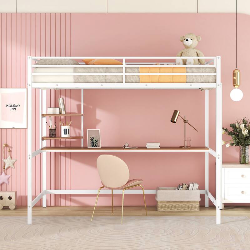Metal Loft Bed with Desk, Ladder, and Shelf for Kids