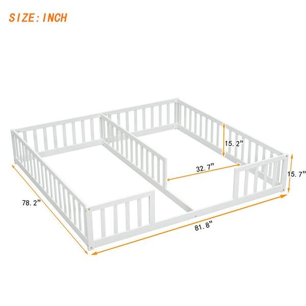 dimension image slide 1 of 3, Twin Size Kids Bed Frame, Double Twin Floor Bed with Fence Guardrails